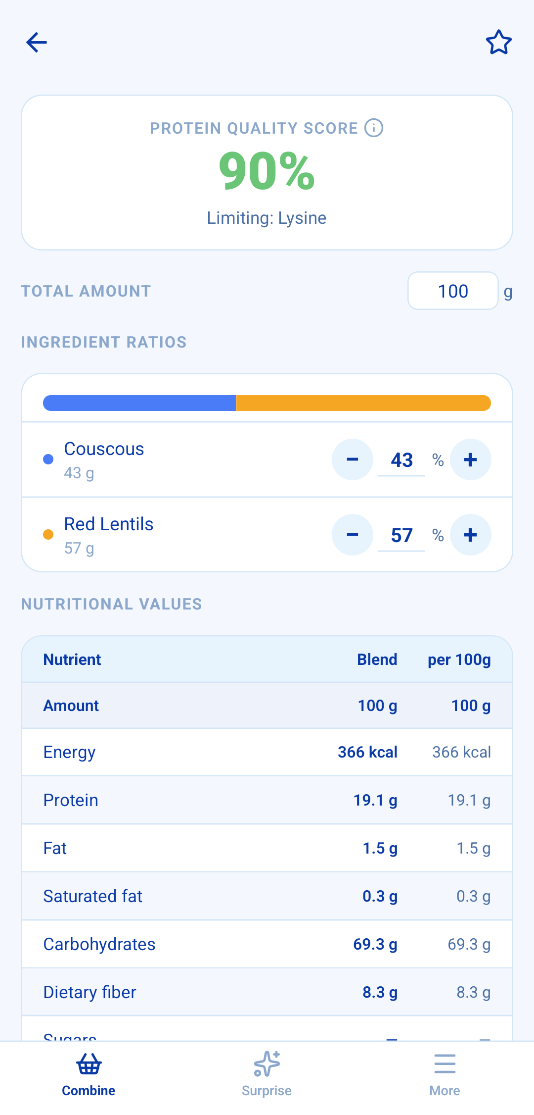 AminoAce showing Couscous 43%, Red Lentils 57% with a Protein Quality Score of 90% and the ingredient ratios as adjustable sliders.