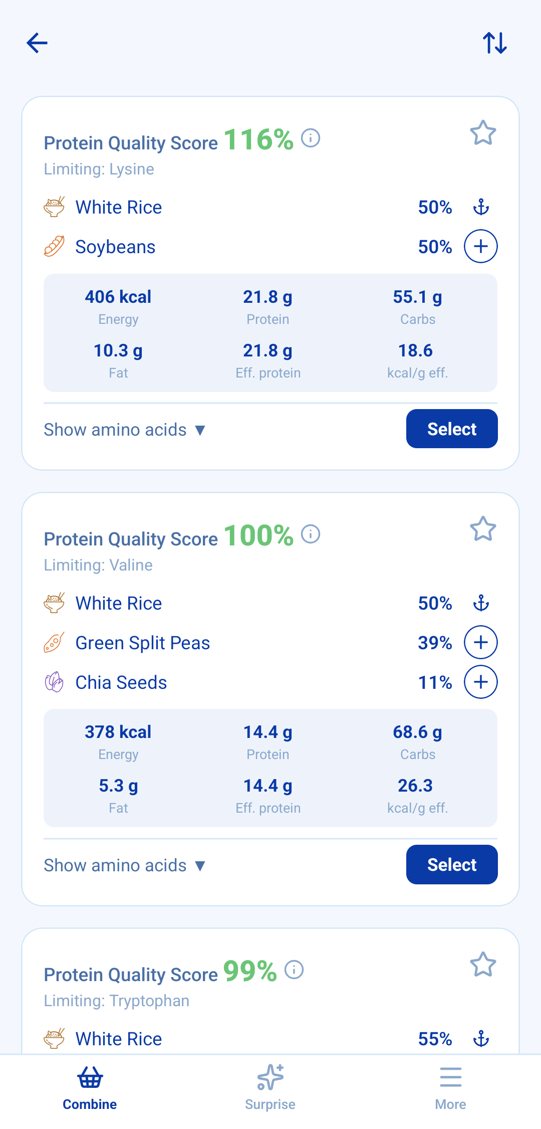 AminoAce's results for White Rice: the top combination is White Rice and Soybeans at a Protein Quality Score of 116 percent, followed by White Rice with green split peas and chia seeds at 100 percent, each card showing calories, protein and carbohydrates.